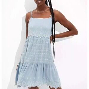 American Eagle Outfitters Pale Blue Embroidered Tiered Mini Dress